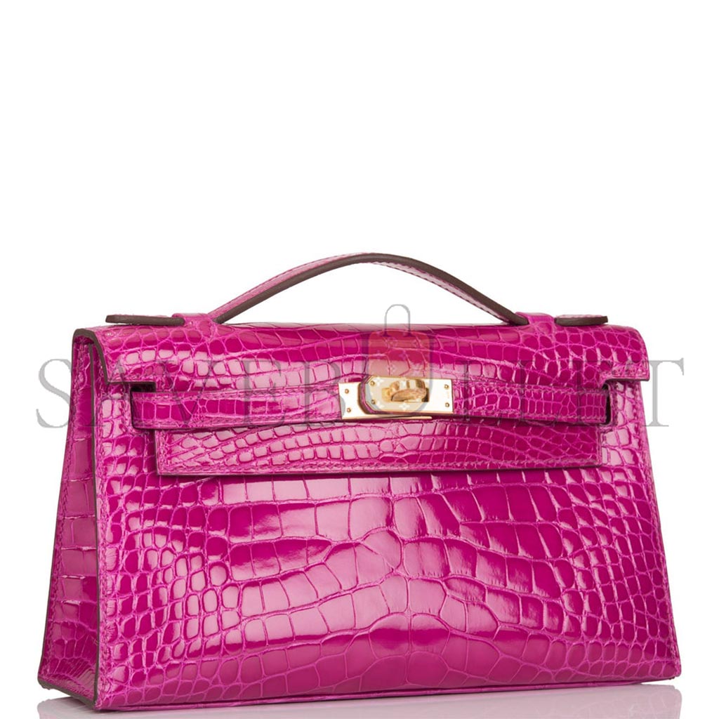 HERMÈS MASTER ROSE SCHEHERAZADE SHINY ALLIGATOR MINI KELLY POCHETTE GOLD HARDWARE (22*14*7cm)